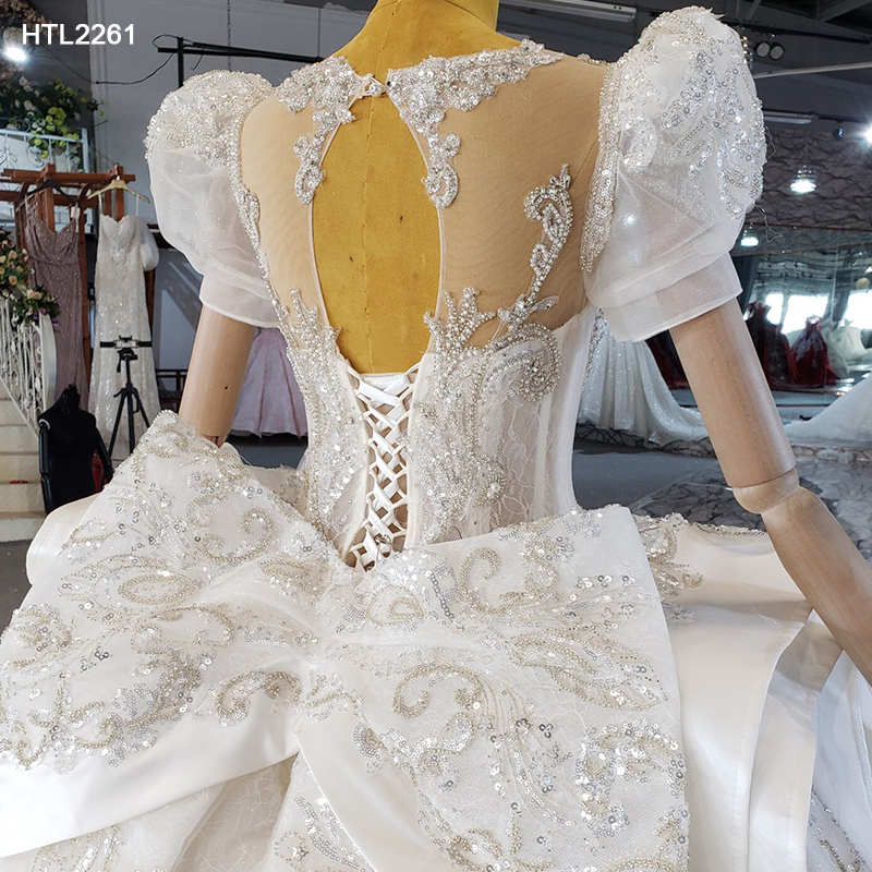 Luxury White Crystal Beads Sequins Puffy Sleeve Lace Wedding Dress